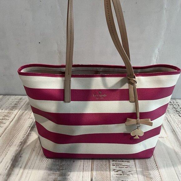 Kate Spade Hawthorn Lane Ryan Pink White Striped Tote Large Coated Canvas - Picture 2 of 11